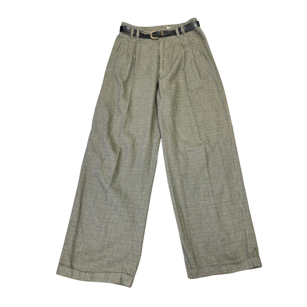 Vintage Eddie Bauer Womens 12 Plaid Pleated Wide Leg Trousers Gray Cuffed Pants